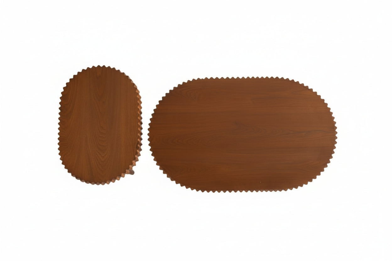 Handcrafted Round Nesting Coffee Table Set of 2 — Wave-Edge Wooden Fluted Design