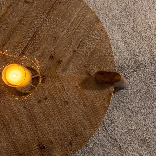 Rustic Natural Wood Round Coffee Table for Living Room – Easy Assembly