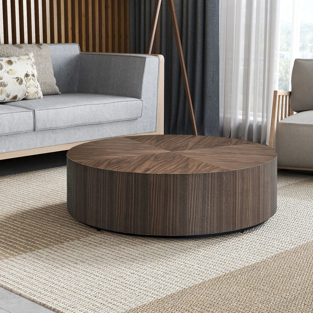 35.43 Inch Modern round Coffee Table MDF Coffee Table for Living Room,Drum Center Table for Apartment,No Need Assembly,Walnut