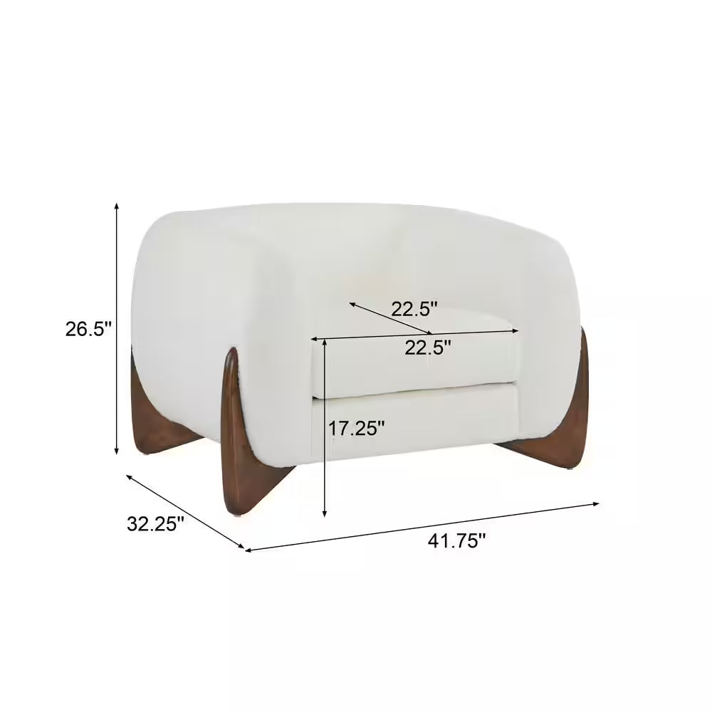 Irlas Modern Upholstered Boucle Club Chair, Birch Wood, White plus Walnut