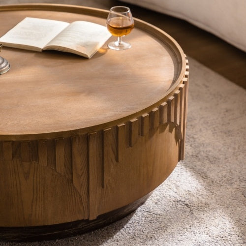 Round Solid-Wood Veneer Coffee Table — Handcrafted Relief Design, Sturdy Pedestal Base