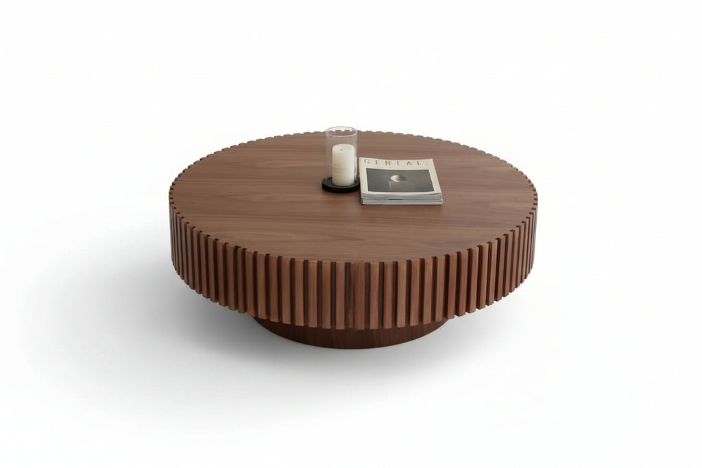 WALNUT MDF Coffee Table 31.49 In. Modern Handcraft Drum Outdoor Coffee Table round Wood Coffee Table