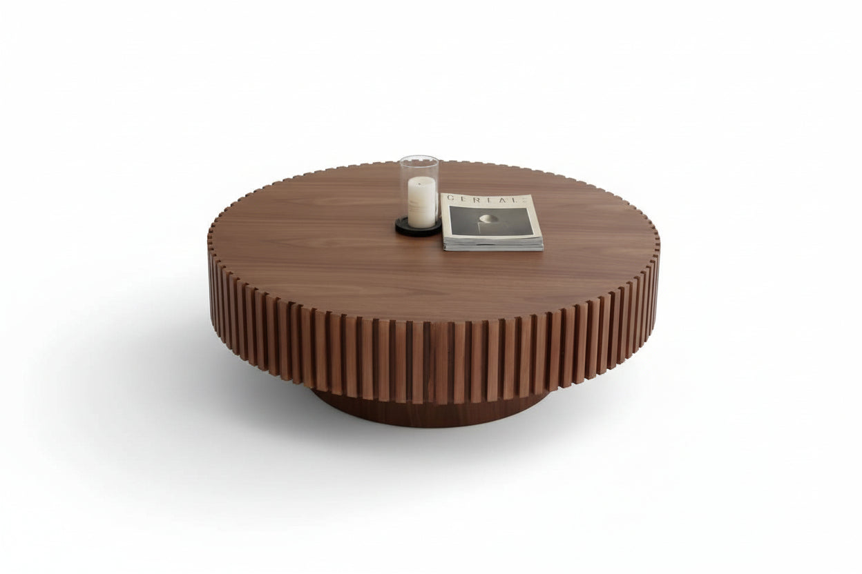 WALNUT MDF Coffee Table 31.49 In. Modern Handcraft Drum Outdoor Coffee Table round Wood Coffee Table