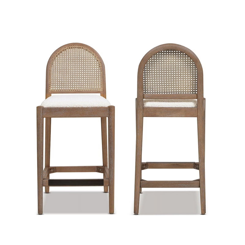 Panama 26.5" Curved Back Cane Rattan Set of 2 Counter Height Bar Stools in Ivory White Boucle