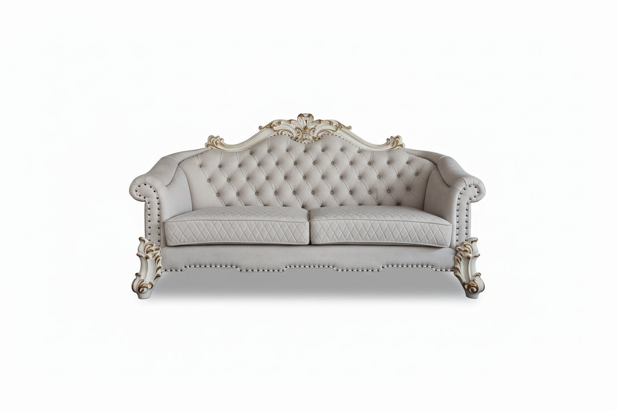 89" Vendome II Sofa: Traditional Off-White Upholstered with Tufted Nailhead Trim, Antique Finish, 3 Accent Pillows