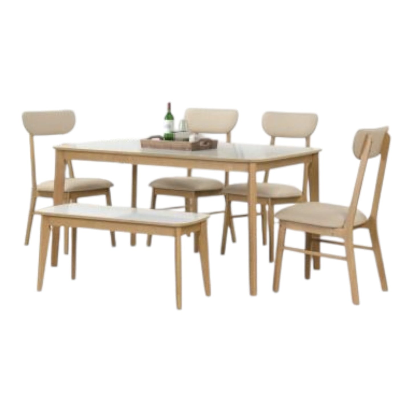 Set Of 6 Dining Table, One Table, One Bench And Four Chairs, With A Light Oak High-gloss White Top