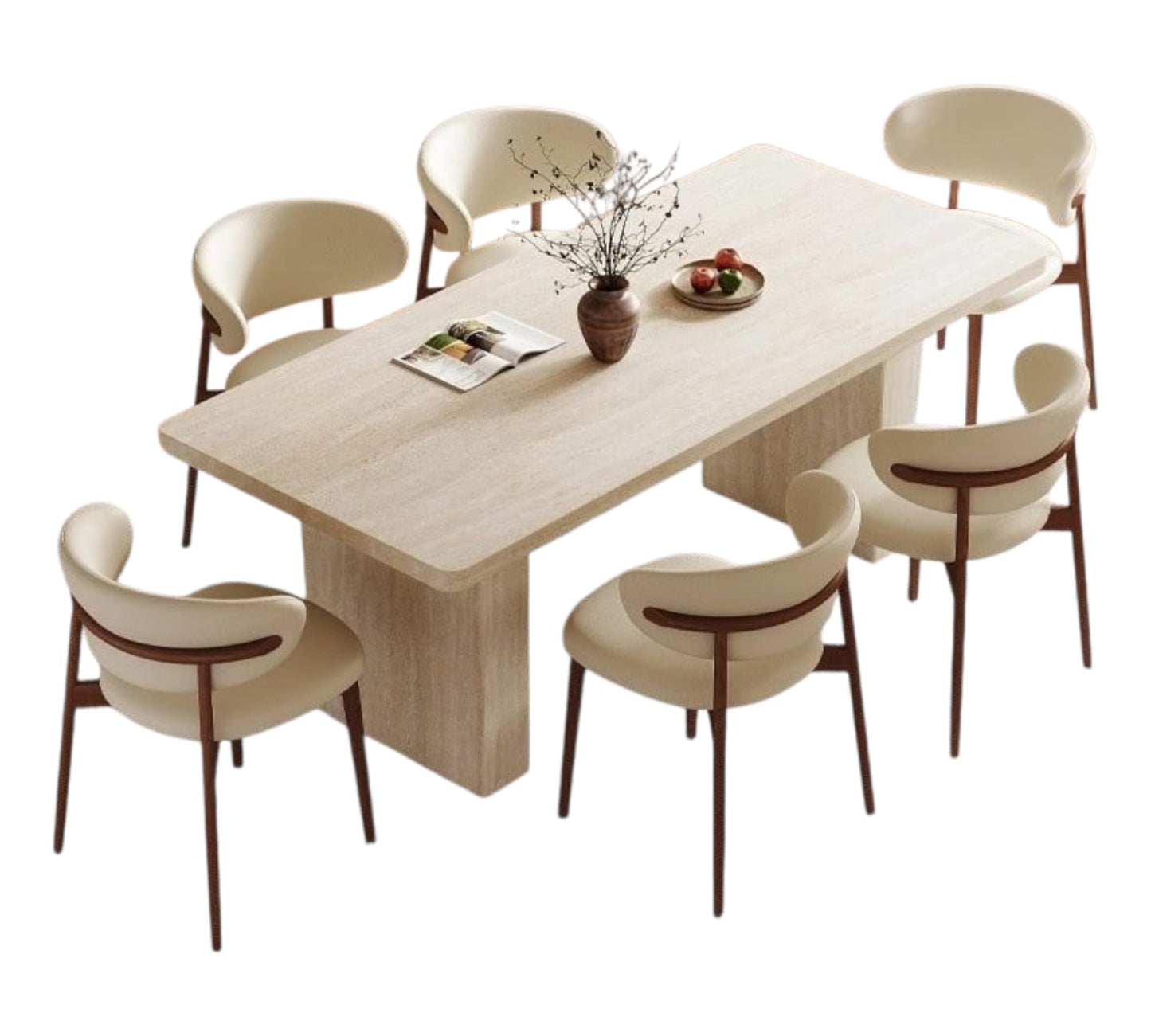 French retro travertine rock slab dining table and chairs