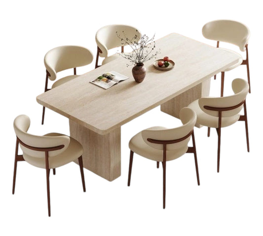 French retro travertine rock slab dining table and chairs