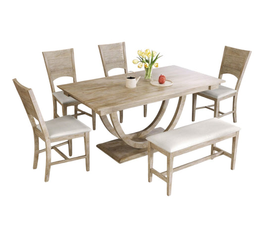 TopMax 6-Piece Half-Round Wood Dining Set — Bench + 4 Chairs | Elegant & Space-Saving
