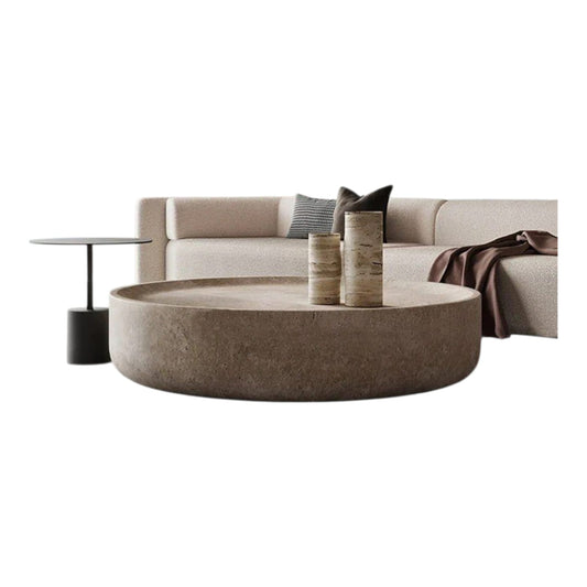 Round Faux Coffee Table, Travertine Textured Tables