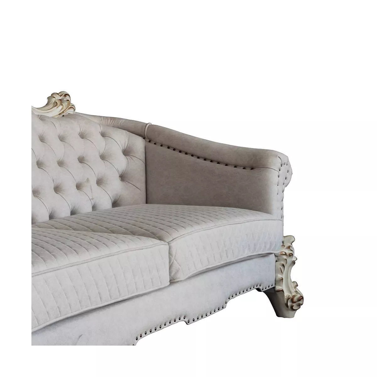 89" Vendome II Sofa: Traditional Off-White Upholstered with Tufted Nailhead Trim, Antique Finish, 3 Accent Pillows