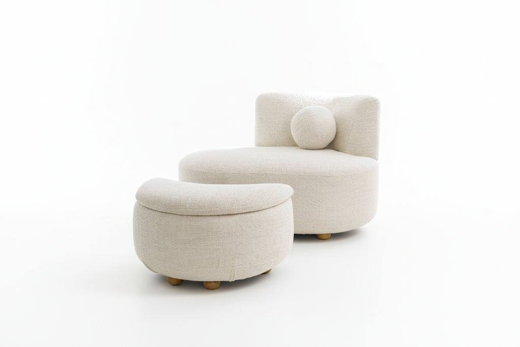 Juliet Modern Boucle Chaise & Storage Ottoman, Pearl