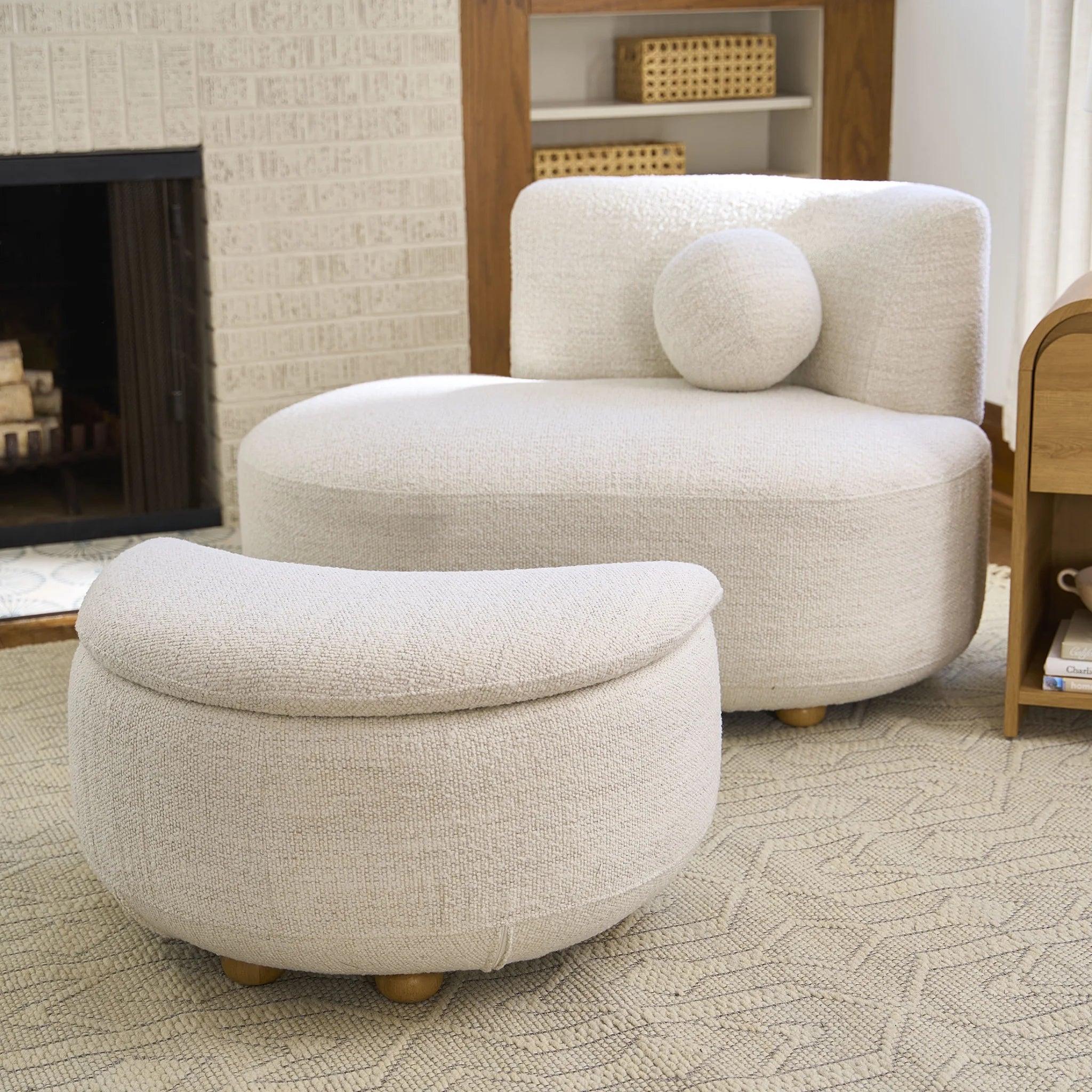 Juliet Modern Boucle Chaise & Storage Ottoman, Pearl