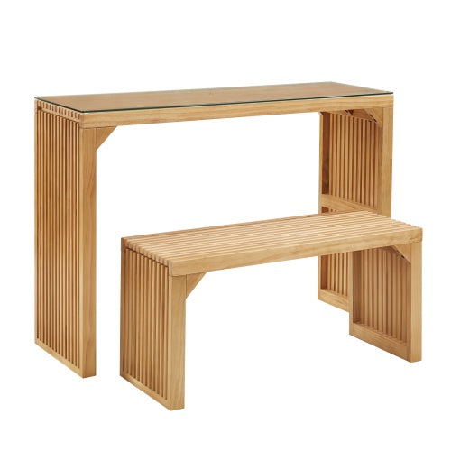 Pine Wood Dining Bench & Table Set — Natural Finish with Tempered Glass Top