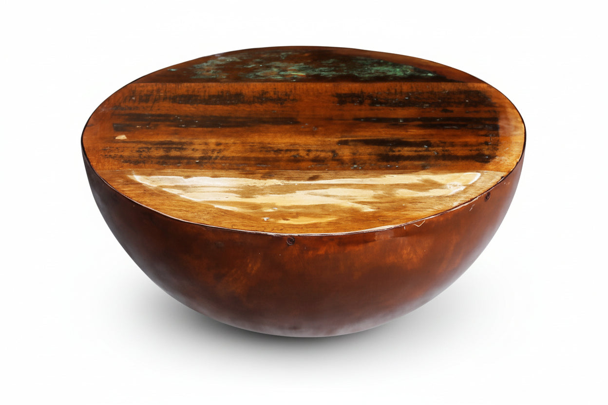 Rustic Bowl-Shaped Solid Reclaimed Wood Coffee Table