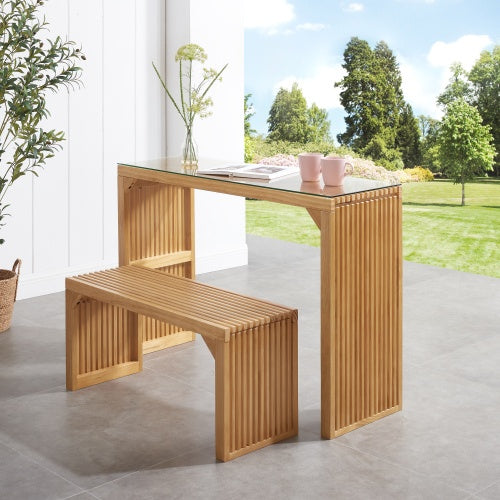 Pine Wood Dining Bench & Table Set — Natural Finish with Tempered Glass Top