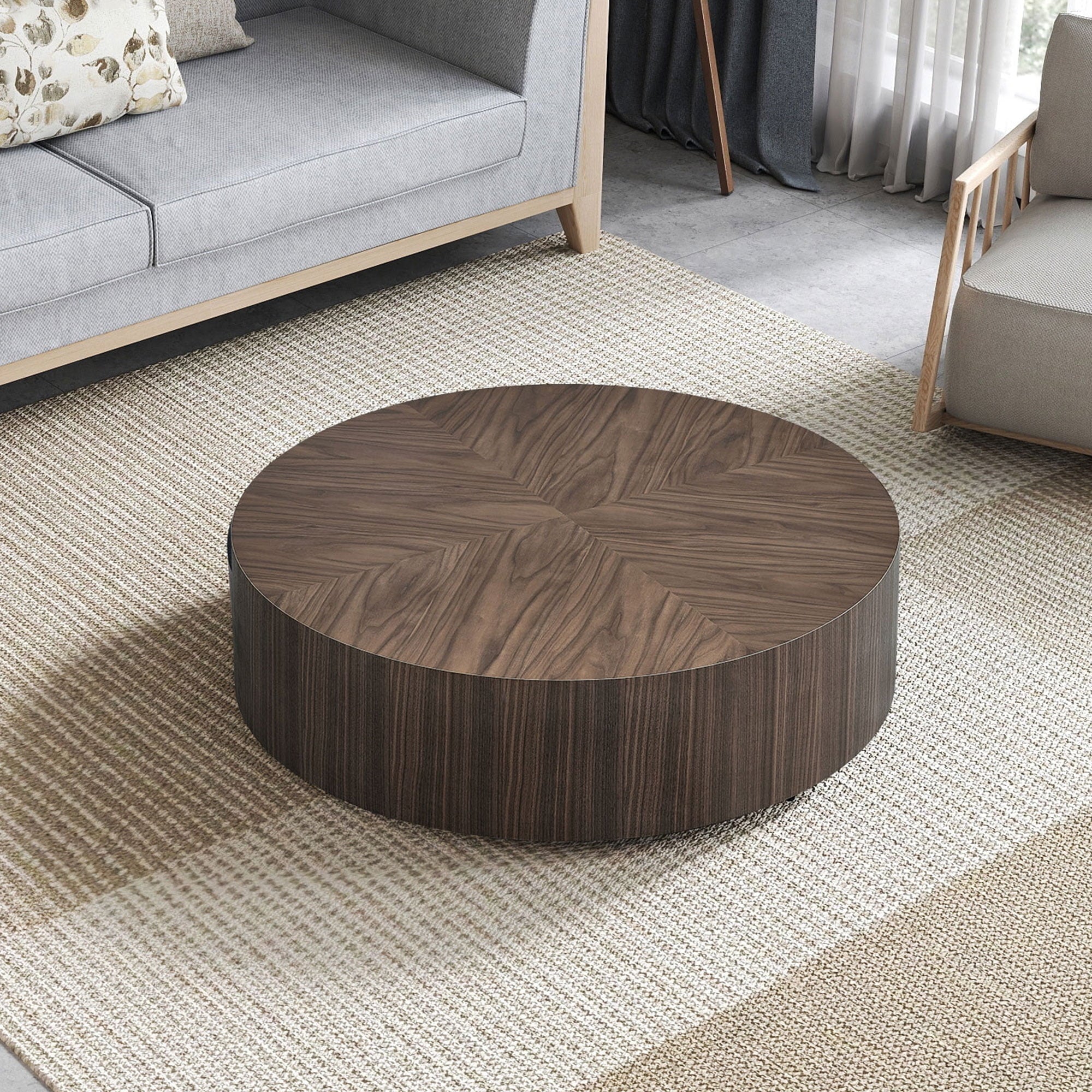 35.43 Inch Modern round Coffee Table MDF Coffee Table for Living Room,Drum Center Table for Apartment,No Need Assembly,Walnut