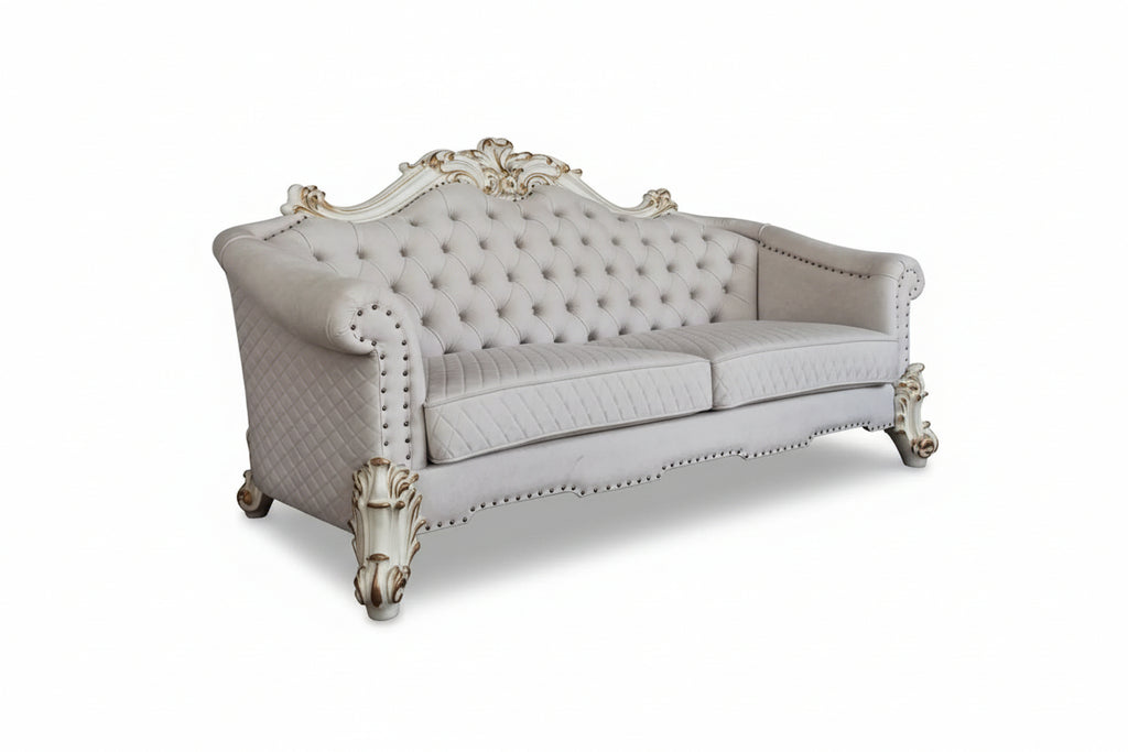 89" Vendome II Sofa: Traditional Off-White Upholstered with Tufted Nailhead Trim, Antique Finish, 3 Accent Pillows