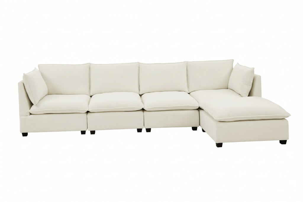 Convertible 4-Seat Cloud Sectional Sofa with Ottoman – L-Shaped, Padded Armrests, Beige/Beige-White