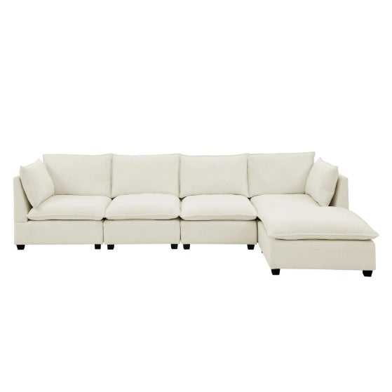 Convertible 4-Seat Cloud Sectional Sofa with Ottoman – L-Shaped, Padded Armrests, Beige/Beige-White
