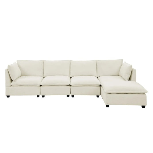 Convertible 4-Seat Cloud Sectional Sofa with Ottoman – L-Shaped, Padded Armrests, Beige/Beige-White