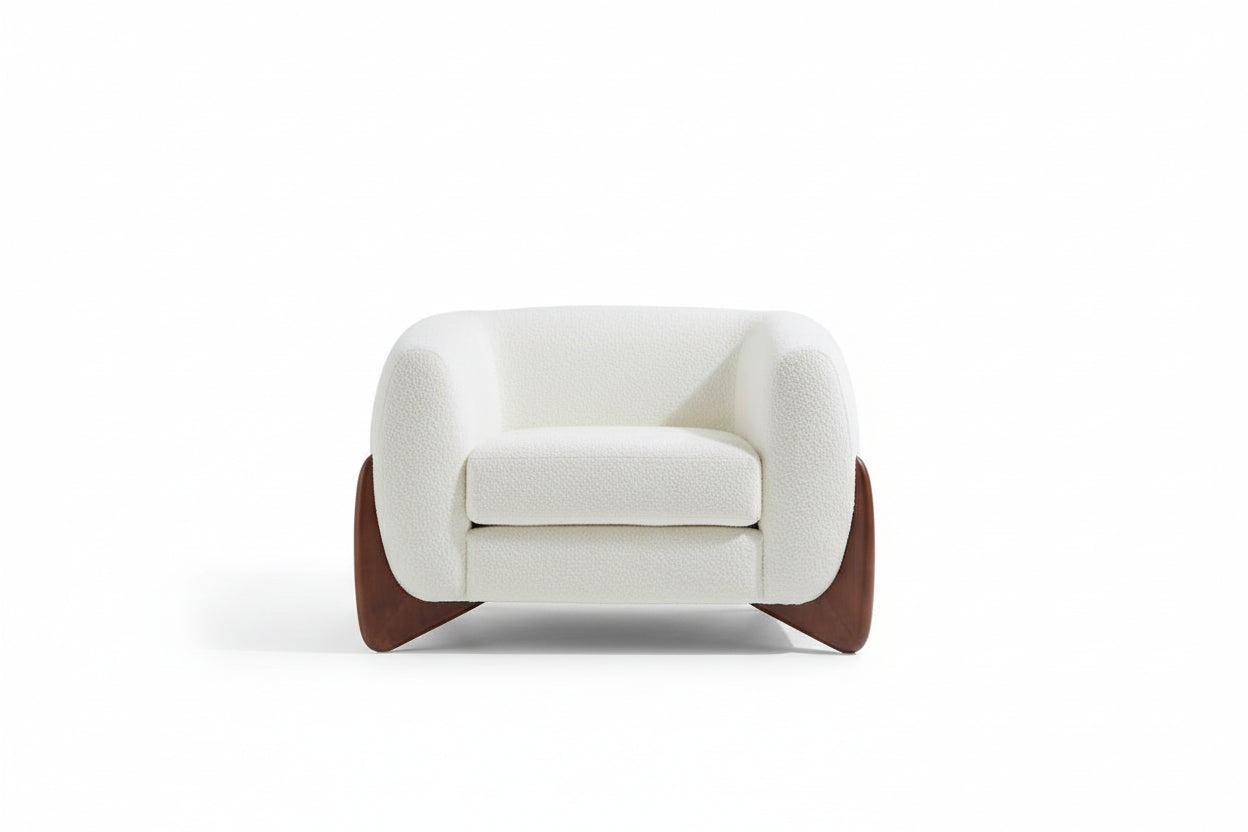 Irlas Modern Upholstered Boucle Club Chair, Birch Wood, White plus Walnut