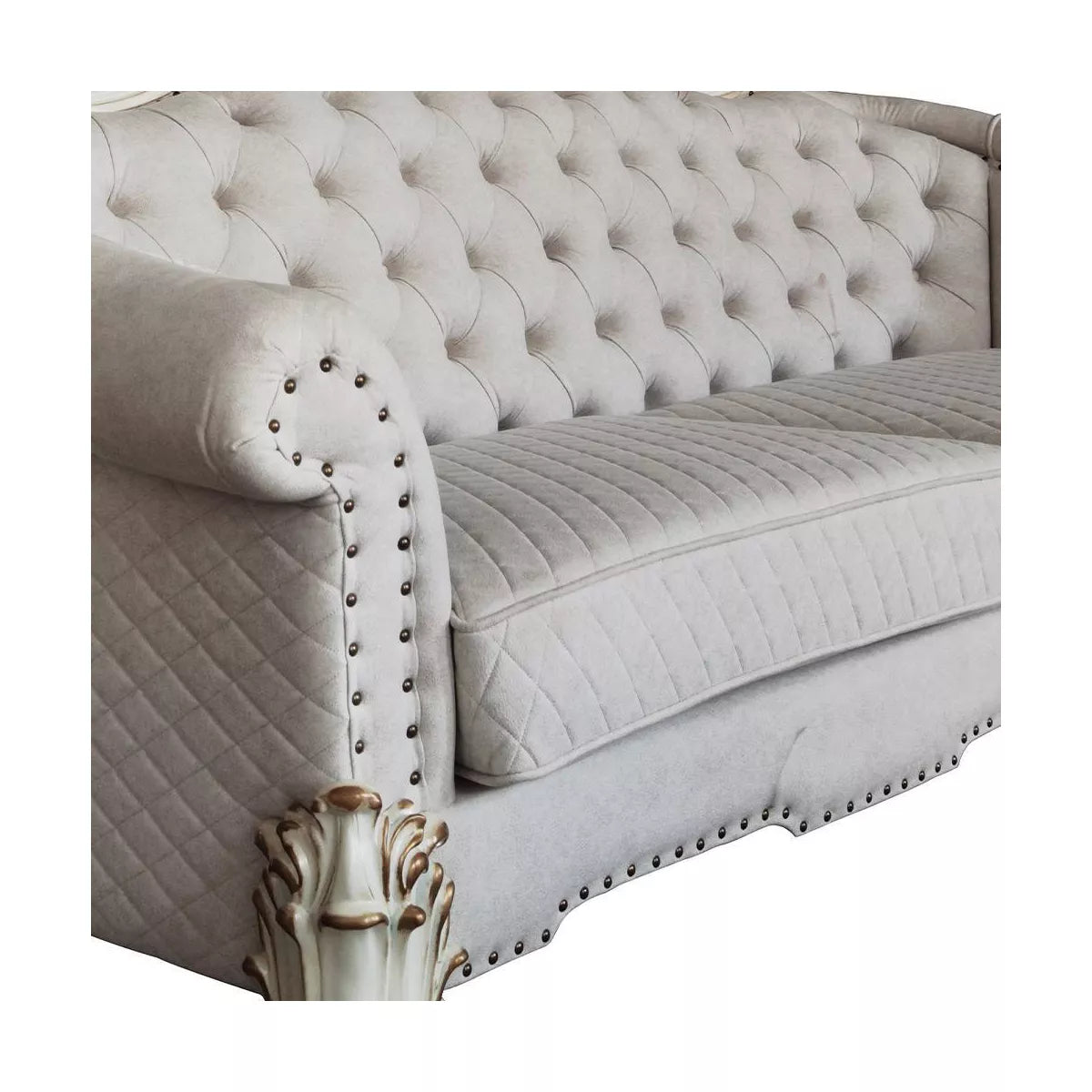 89" Vendome II Sofa: Traditional Off-White Upholstered with Tufted Nailhead Trim, Antique Finish, 3 Accent Pillows