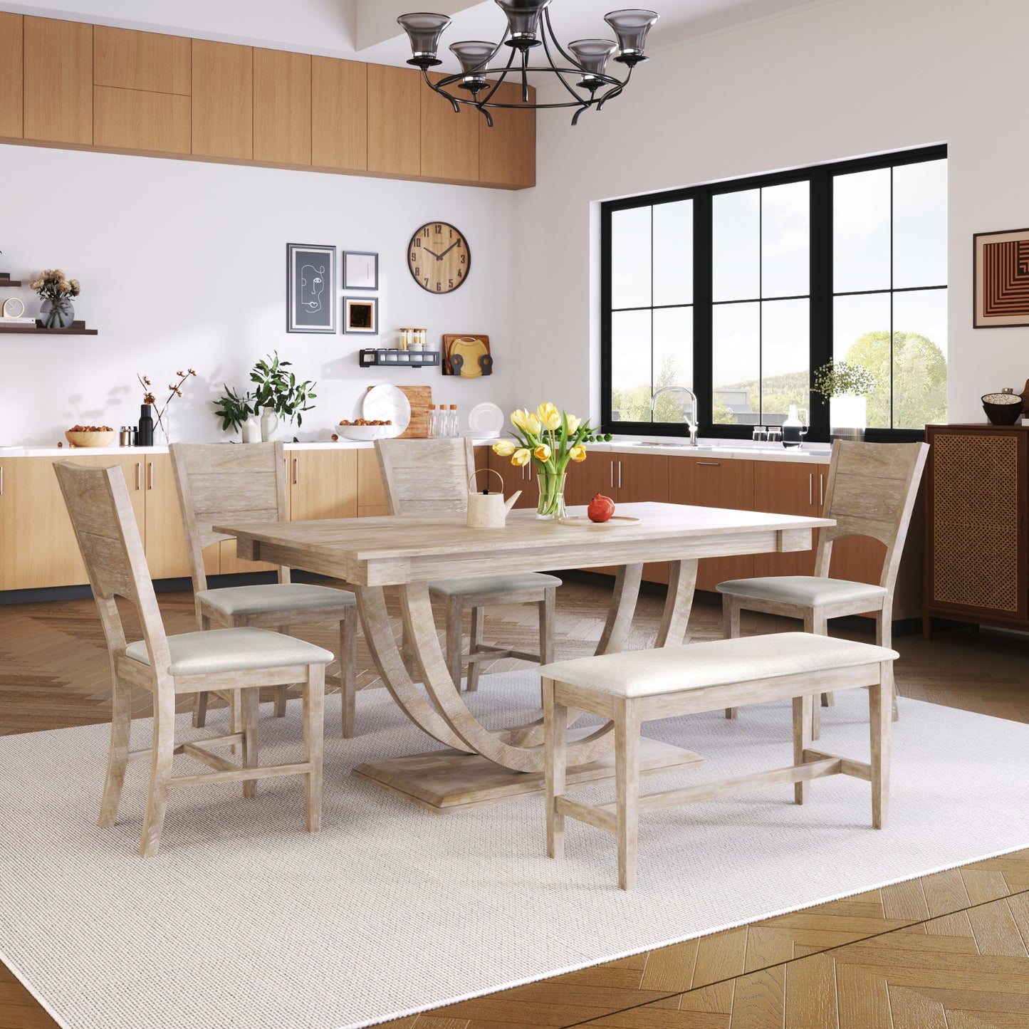 TopMax 6-Piece Half-Round Wood Dining Set — Bench + 4 Chairs | Elegant & Space-Saving
