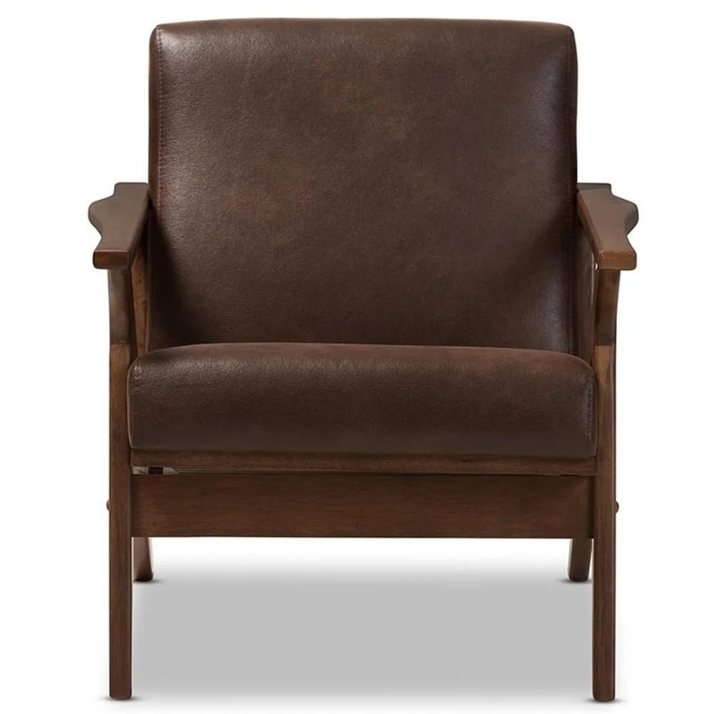 Baxton Studio Bianca Mid-Century Modern Walnut Wood Dark Brown Distressed Faux Leather Lounge Chair