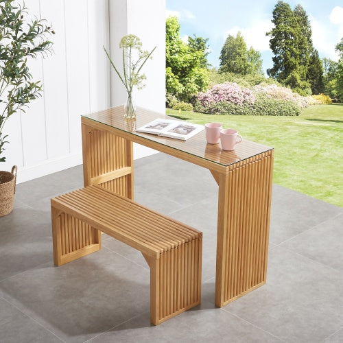 Pine Wood Dining Bench & Table Set — Natural Finish with Tempered Glass Top