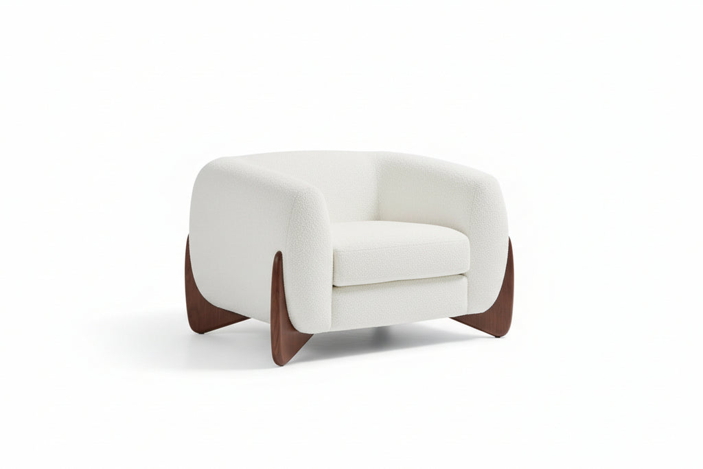 Irlas Modern Upholstered Boucle Club Chair, Birch Wood, White plus Walnut