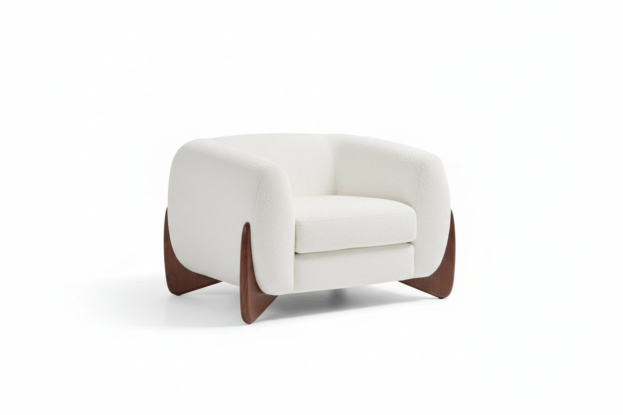 Irlas Modern Upholstered Boucle Club Chair, Birch Wood, White plus Walnut