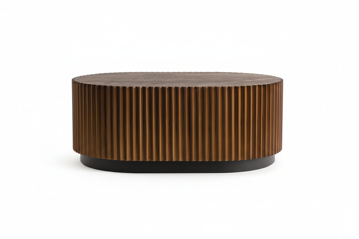 Handcrafted Round Nesting Coffee Table Set of 2 — Wave-Edge Wooden Fluted Design