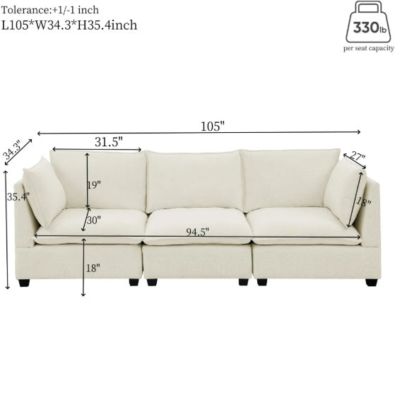 3-Piece Chenille Fabric Sofa Set – 3-Seater + Loveseat + Accent | Beige & White