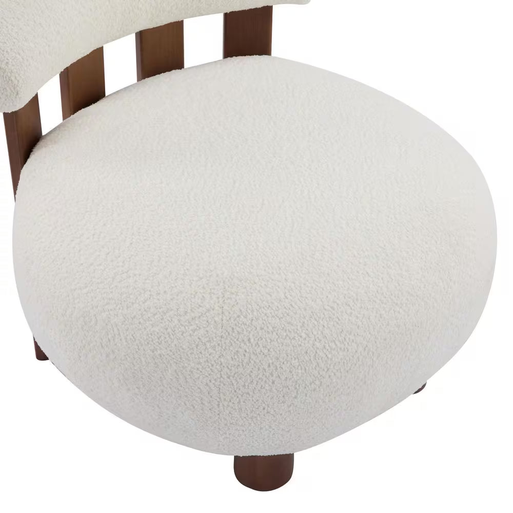 Amelia off White and Walnut Boucle Fabric Upholstered Accent Slipper Chair, Solid Wood