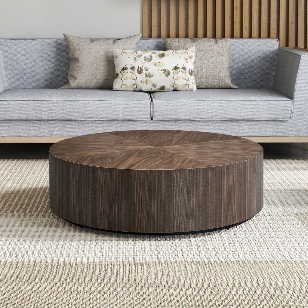 35.43 Inch Modern round Coffee Table MDF Coffee Table for Living Room,Drum Center Table for Apartment,No Need Assembly,Walnut