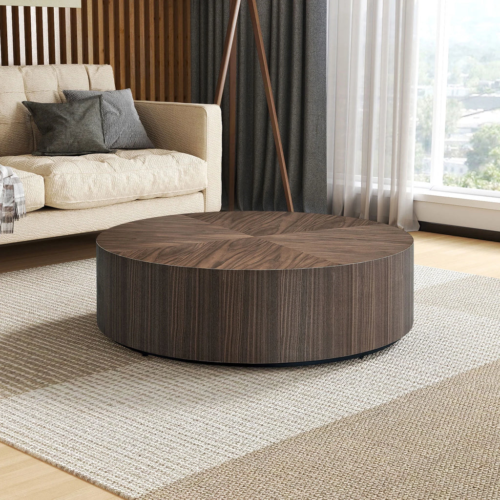 35.43 Inch Modern round Coffee Table MDF Coffee Table for Living Room,Drum Center Table for Apartment,No Need Assembly,Walnut