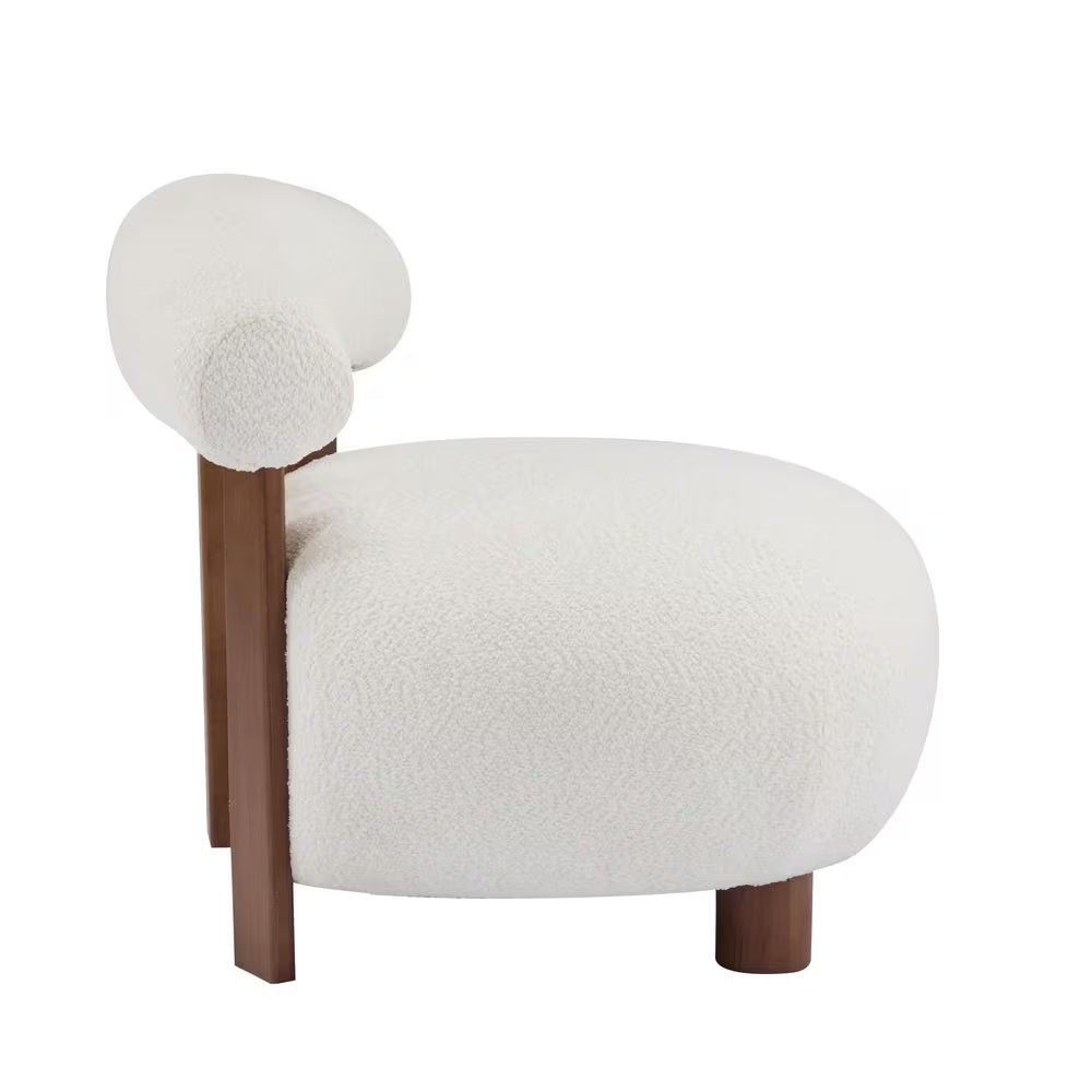 Amelia off White and Walnut Boucle Fabric Upholstered Accent Slipper Chair, Solid Wood