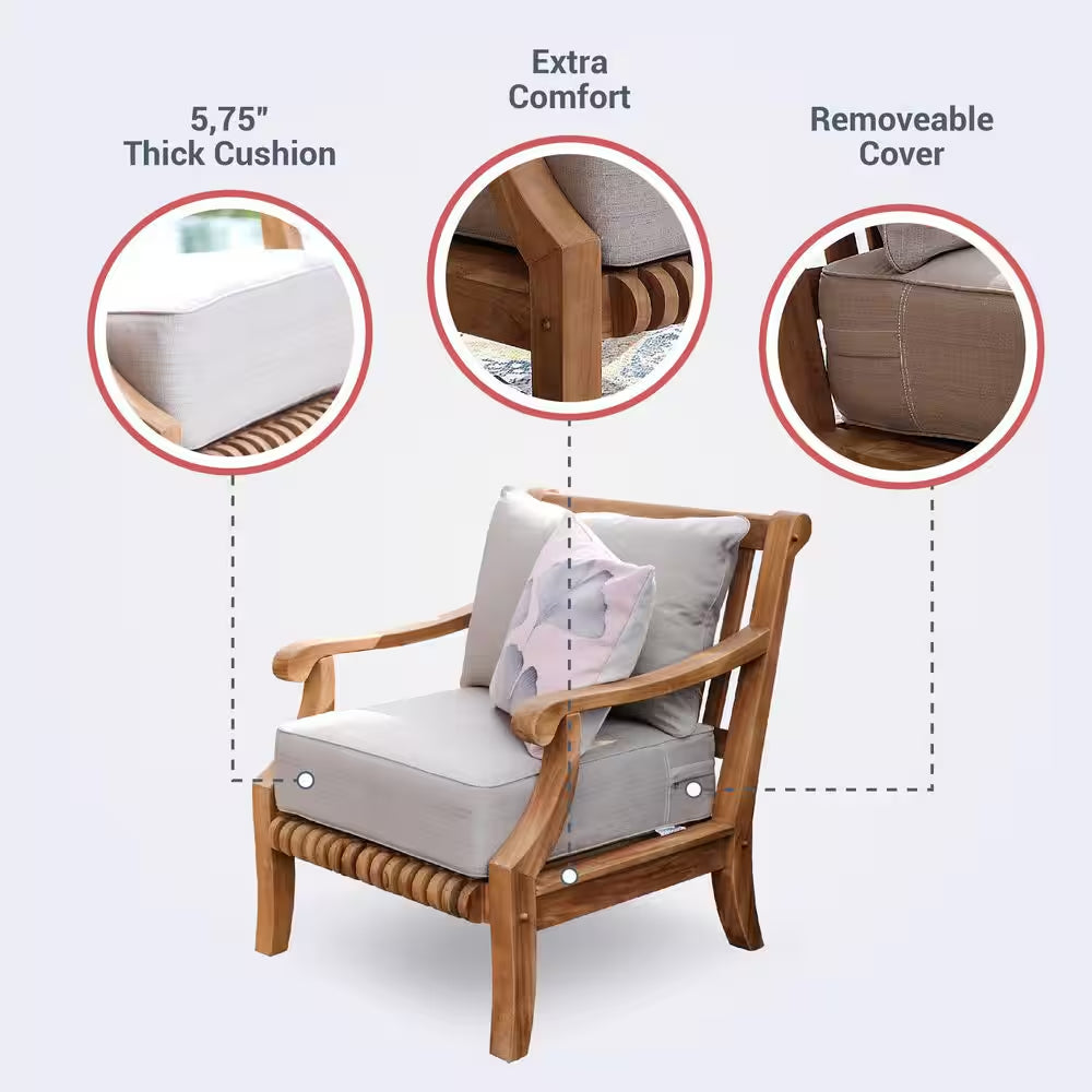 Mosko Premium Indonesia Teak Wood Outdoor Lounge Chair with Beige Cushion