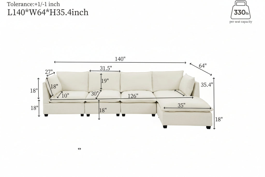 Convertible 4-Seat Cloud Sectional Sofa with Ottoman – L-Shaped, Padded Armrests, Beige/Beige-White