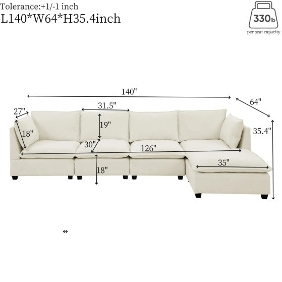 Convertible 4-Seat Cloud Sectional Sofa with Ottoman – L-Shaped, Padded Armrests, Beige/Beige-White