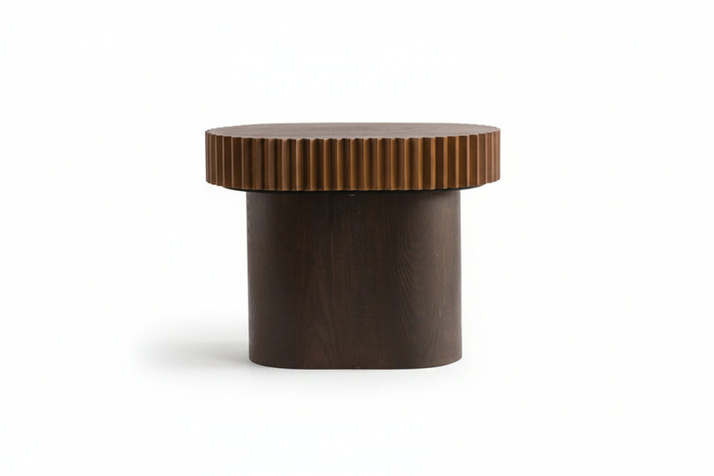 Handcrafted Round Nesting Coffee Table Set of 2 — Wave-Edge Wooden Fluted Design