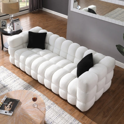 3-Seater Marshmallow Bouclé Sofa – 84.3″ Length, Deep Comfort White
