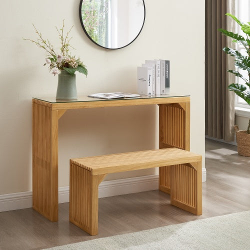 Pine Wood Dining Bench & Table Set — Natural Finish with Tempered Glass Top