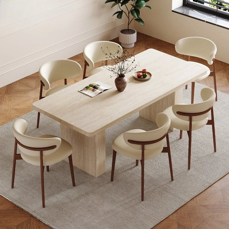 French retro travertine rock slab dining table and chairs