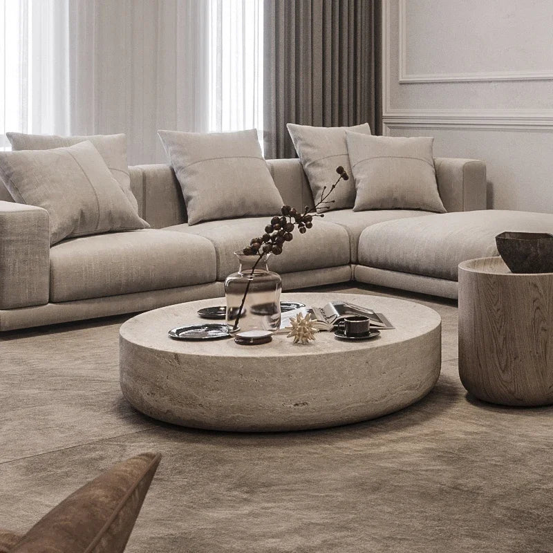 Round Faux Coffee Table, Travertine Textured Tables