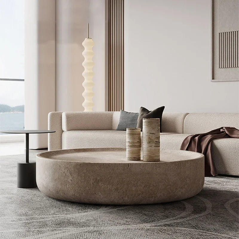 Round Faux Coffee Table, Travertine Textured Tables