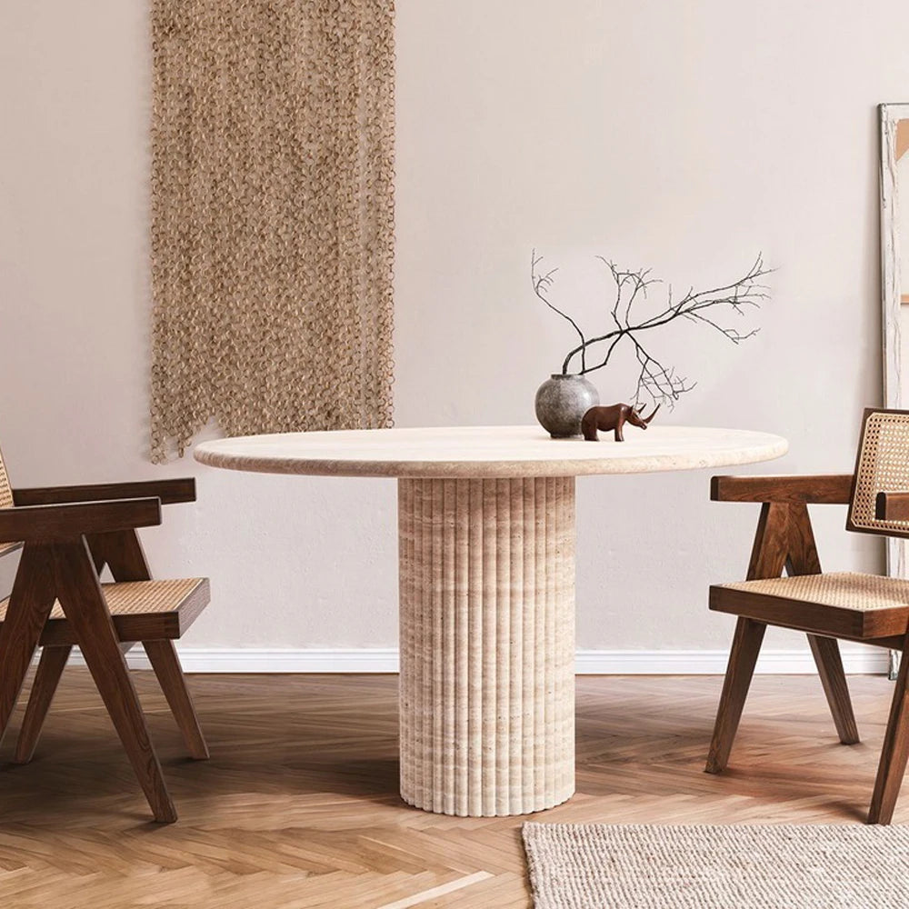 Fluted Oval Beige Travertine Dining Table