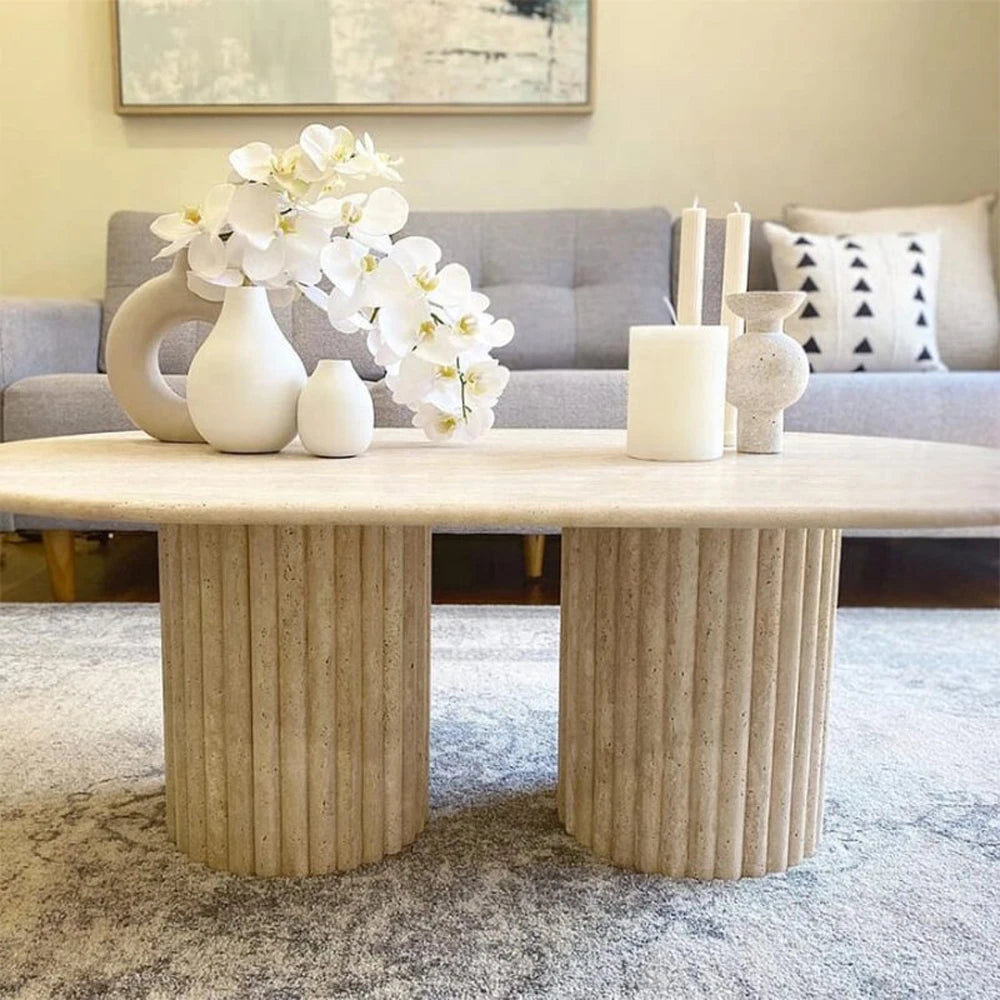 Modern Beige Travertine Round Coffee Table  Cylinder